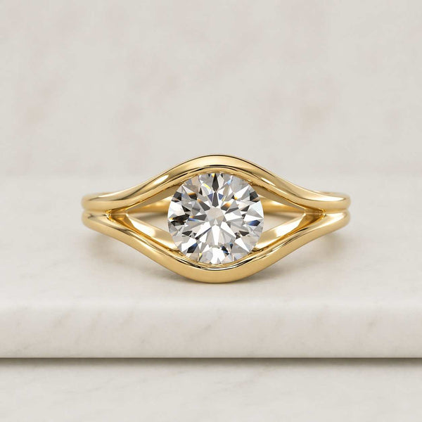 Round Moissanite Engagement Ring, 14K Gold Bypass Solitaire Ring, Unique Swirl Design, Alternative Promise Ring, Anniversary Gift
