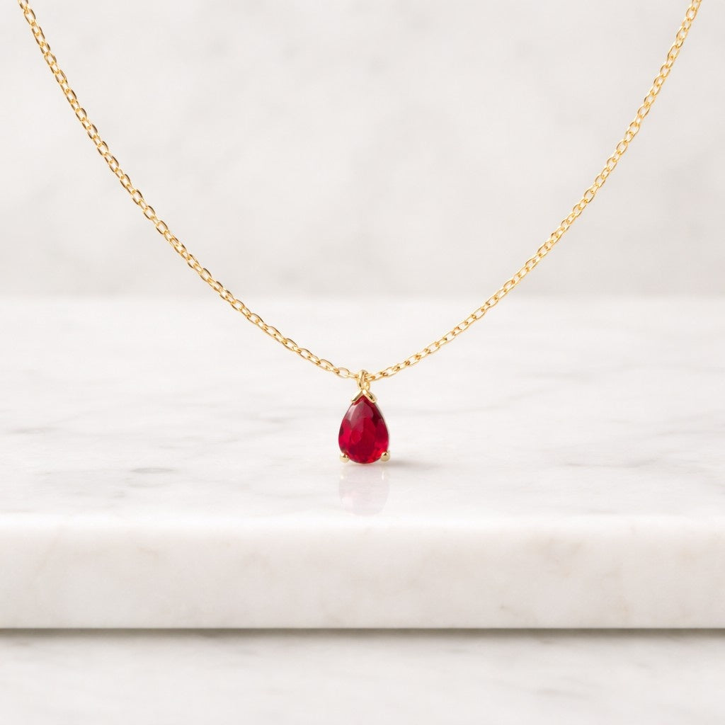 Pear cut Ruby pendant Nature Inspried Leaf Art Deco necklace solid 18K Yellow Gold Red gemstone Pendant for women Wedding moissanite