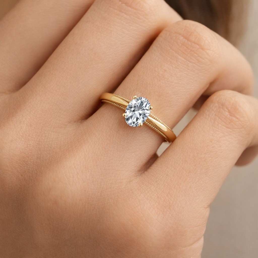 Vintage Style Ring, Oval Cut Lab Grown Diamond Ring, Pinched Shank Ring, Leaf Engraved Band In yellow Gold, Milgrain Ring, Prong Set Ring
