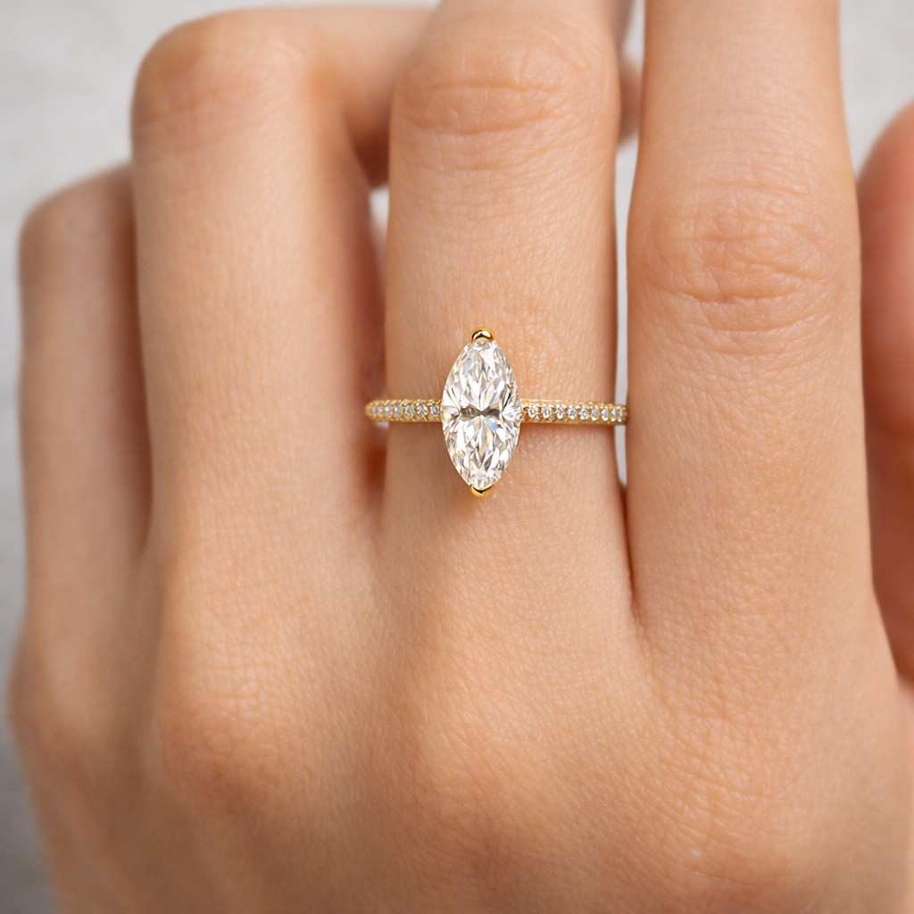 4 Carat Marquise Cut Moissanite Engagement Ring 14 Yellow Gold Pave Diamond Half Eternity Band Ring Cathedral Setting Ring Anniversary Gift
