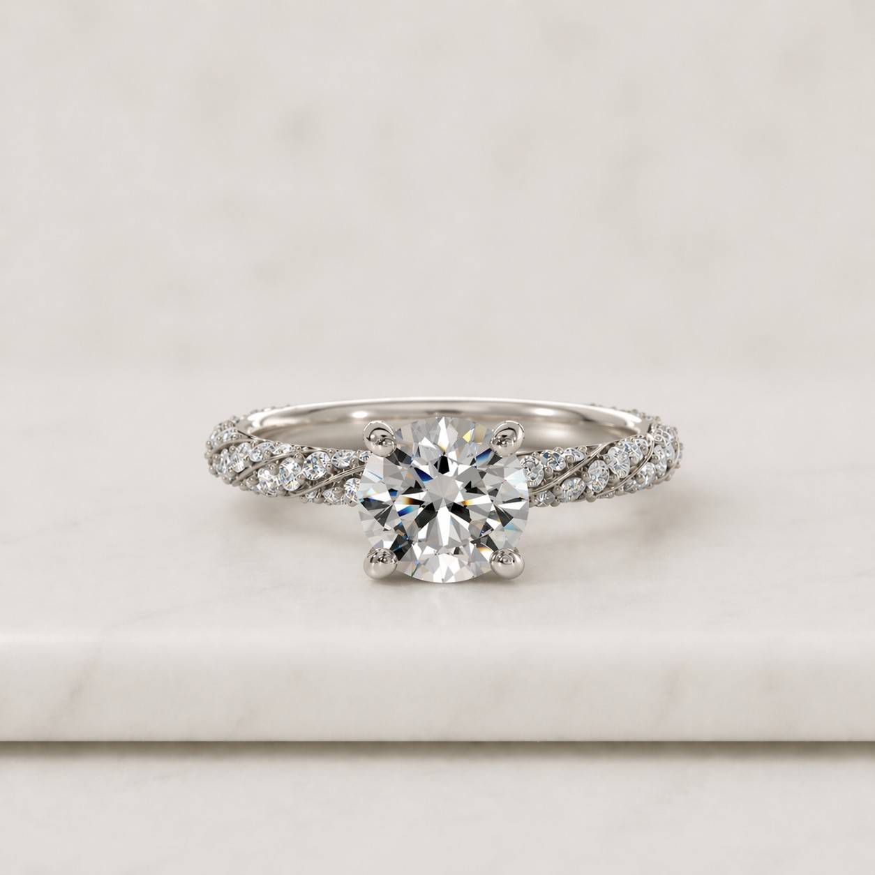 Pave Set Side-Stone Round Diamond Engagement Ring Twisted Band Ring for Women Promise Ring for Her Rose Yellow White Gold Rings for Women