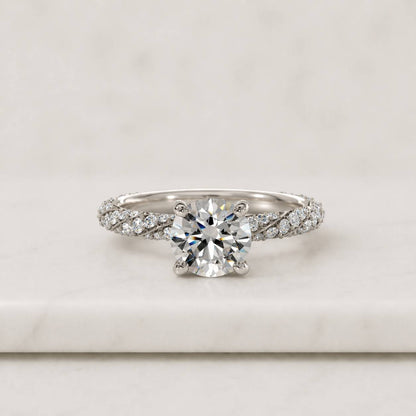 Pave Set Side-Stone Round Diamond Engagement Ring Twisted Band Ring for Women Promise Ring for Her Rose Yellow White Gold Rings for Women