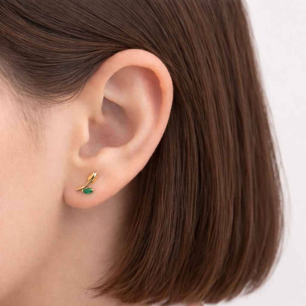 gold tulip flower earrings with marquise emerald stone dainty stud earrings for women minimalist jewelry everyday gold earrings green gemstone fine jewelry gift idea USA market