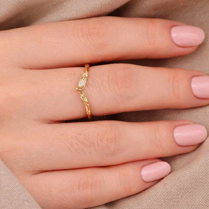 Marquise Cut Diamond Open Wedding Band Solid Gold Delicate Leaf Design Curved Stacking Matching Ring Anniversary Rings For Women
