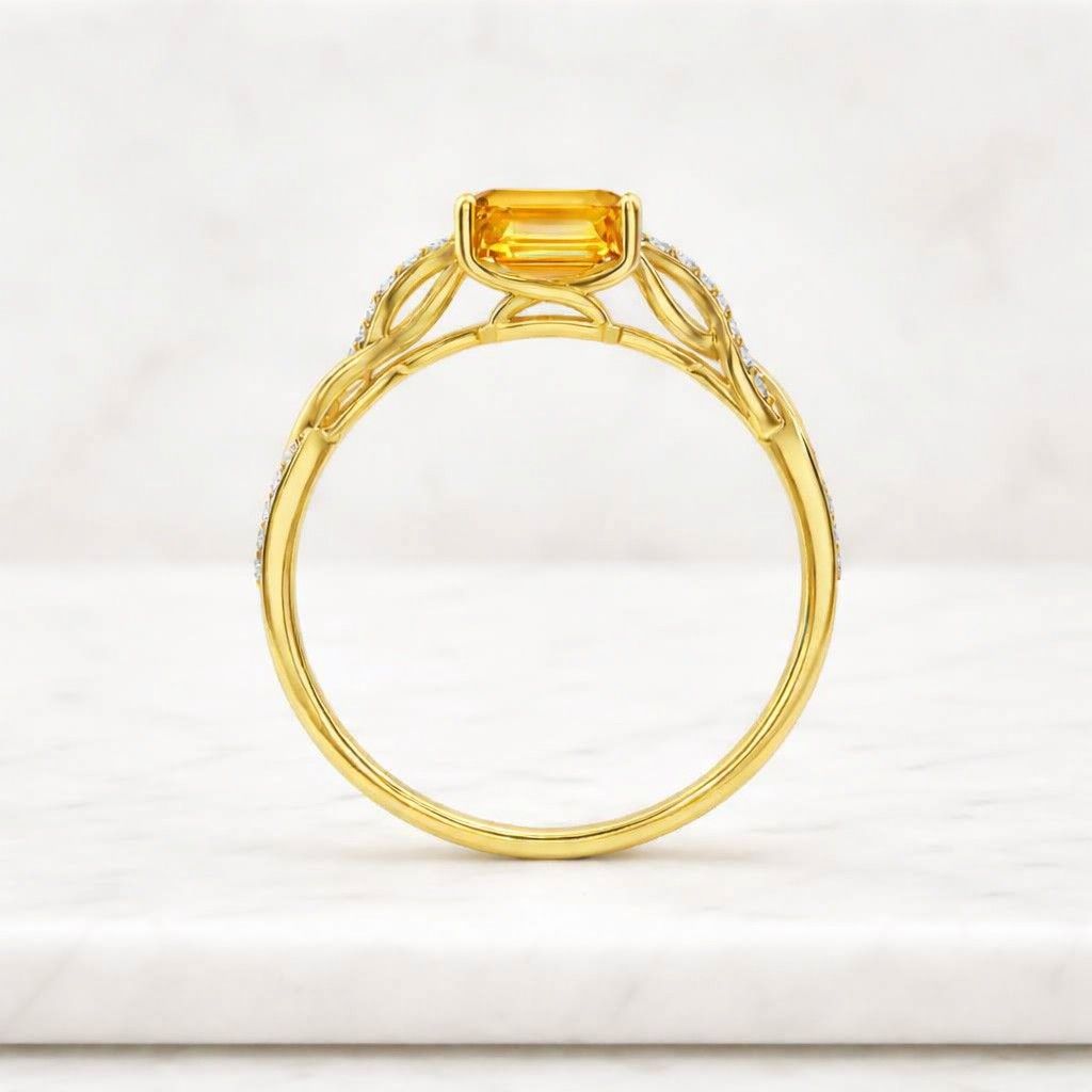 emerald cut moissanite engagement ring, 10k yellow gold twisted band wedding ring

