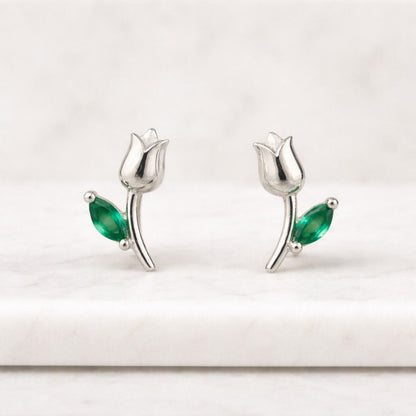 green emerald gold stud earrings marquise shape floral tulip design minimalist jewelry for women small dainty earrings everyday wear fine gold jewelry