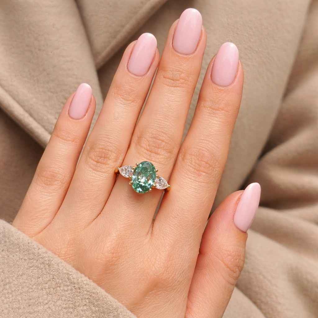green engagement ring oval gemstone ring teal engagement ring marquise accent ring delicate band ring bridal jewelry ring anniversary ring fashion ring stacking ring