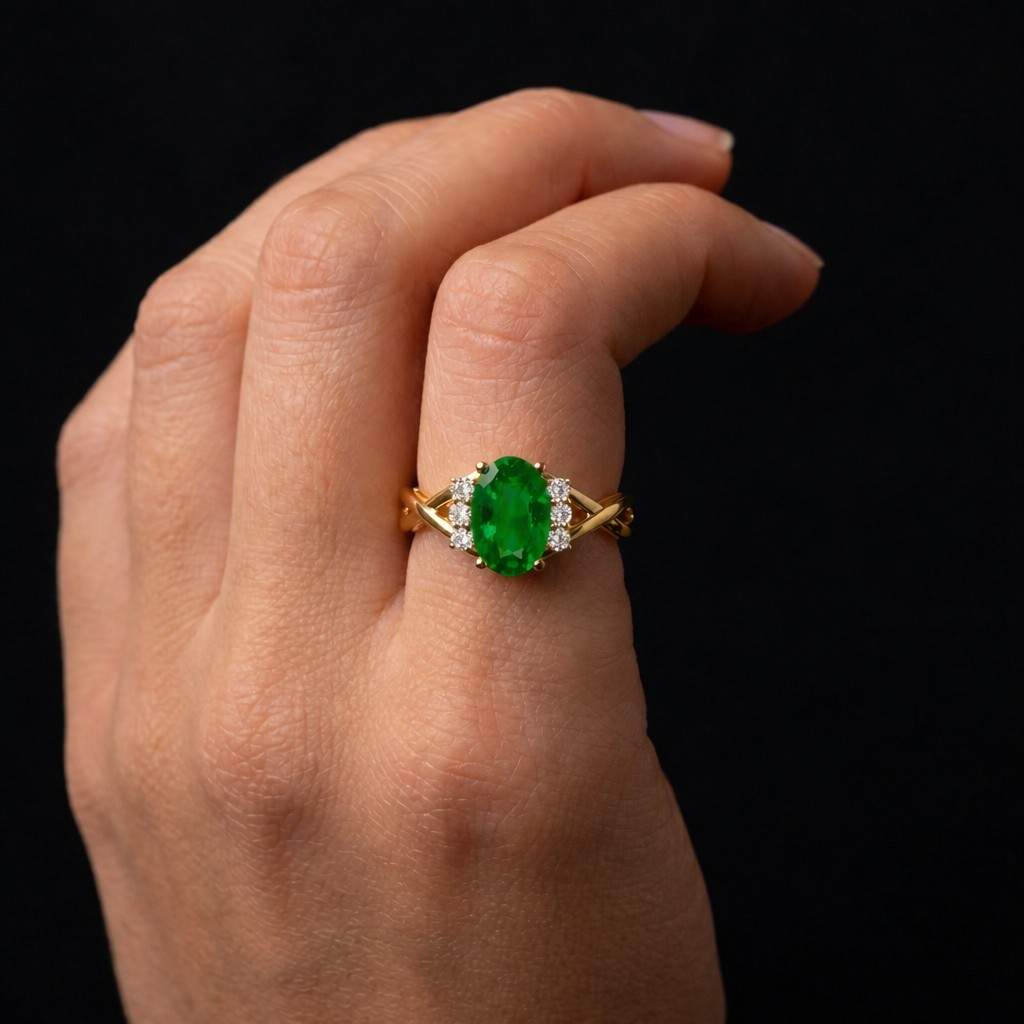 green engagement ring oval stone ring criss cross ring twisted shank ring infinity style ring emerald center ring accent stone ring diamond accent ring fine ring