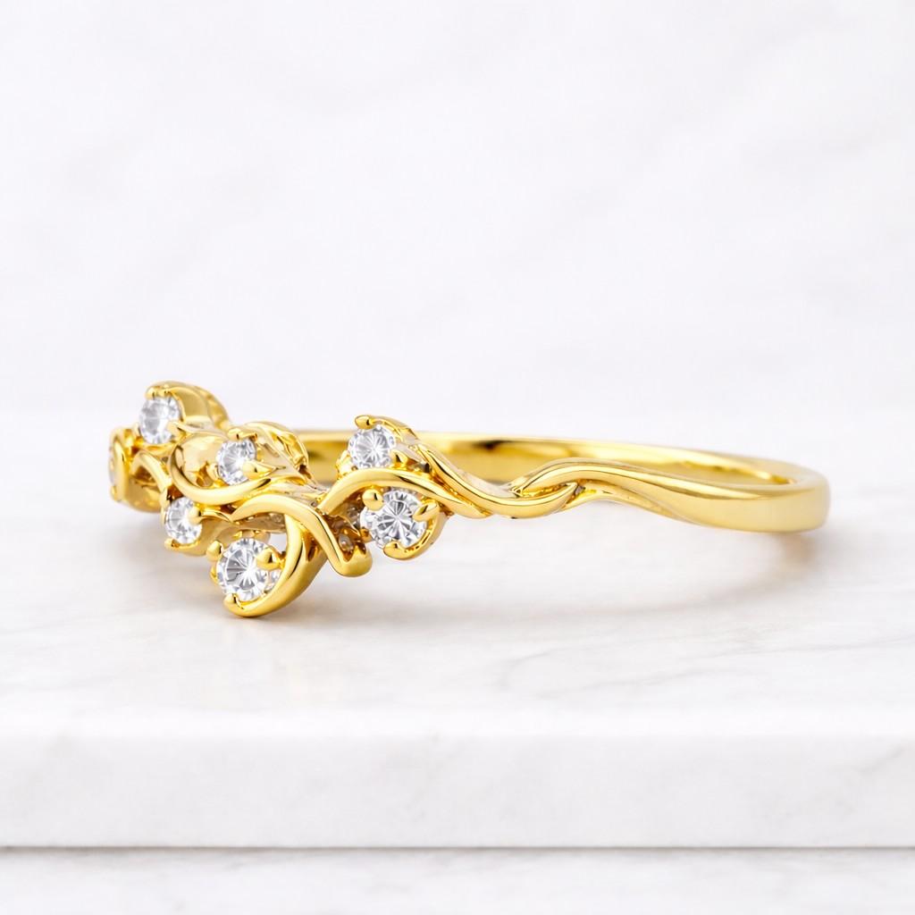 Rose Floral Wedding Band, Round Lab Grown Diamond Leaf Vine Ring, Nature Inspired Stacking Ring, 14K Gold Curved Nesting Vintage Bridal Band