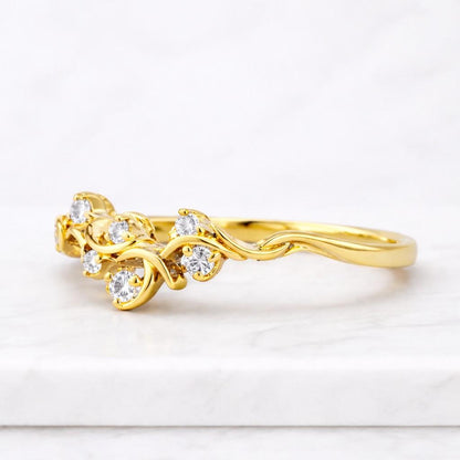Rose Floral Wedding Band, Round Lab Grown Diamond Leaf Vine Ring, Nature Inspired Stacking Ring, 14K Gold Curved Nesting Vintage Bridal Band