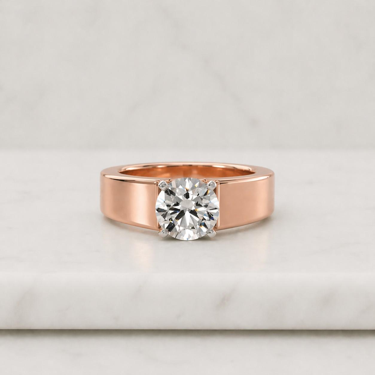 Round Cut Solitaire Engagement Ring | Wide Band Architectural Gold Ring