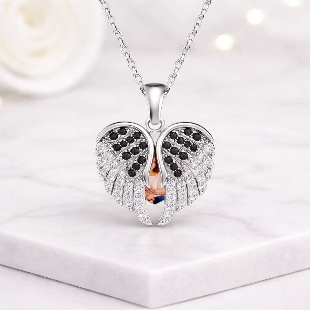 angel wing heart locket necklace: gold plated photo pendant, personalized memorial jewelry, crystal locket gift for women, keepsake necklace

