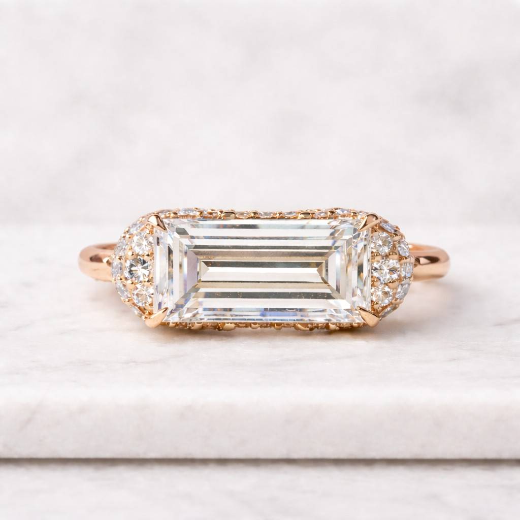 emerald cut moissanite engagement ring, three row pavé wedding ring, hidden halo bridal ring, solid gold anniversary ring, gift for women
