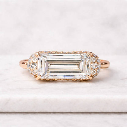 Emerald Cut Moissanite Engagement Ring, Three Row Pavé Wedding Ring, Hidden Halo Bridal Ring, Solid Gold Anniversary Ring, Gift for Women
