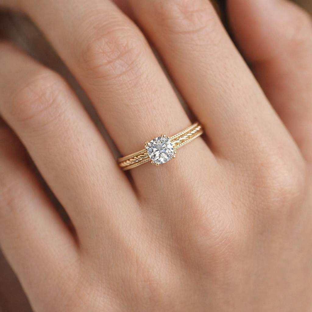 Vintage Engraved Solitaire Ring, Round Cut Lab Grown Engagement Ring, Antique Inspired Milgrain Bezel Ring, 14K Gold Art Deco Wedding Ring
