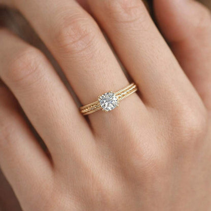 Vintage Engraved Solitaire Ring, Round Cut Lab Grown Engagement Ring, Antique Inspired Milgrain Bezel Ring, 14K Gold Art Deco Wedding Ring
