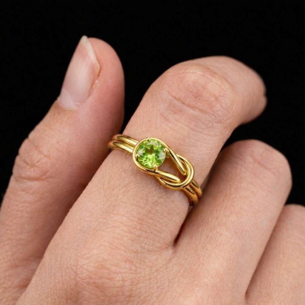 handmade 14k gold peridot engagement ring, round cut green gemstone split shank ring for women, unique anniversary gift, august birthstone
