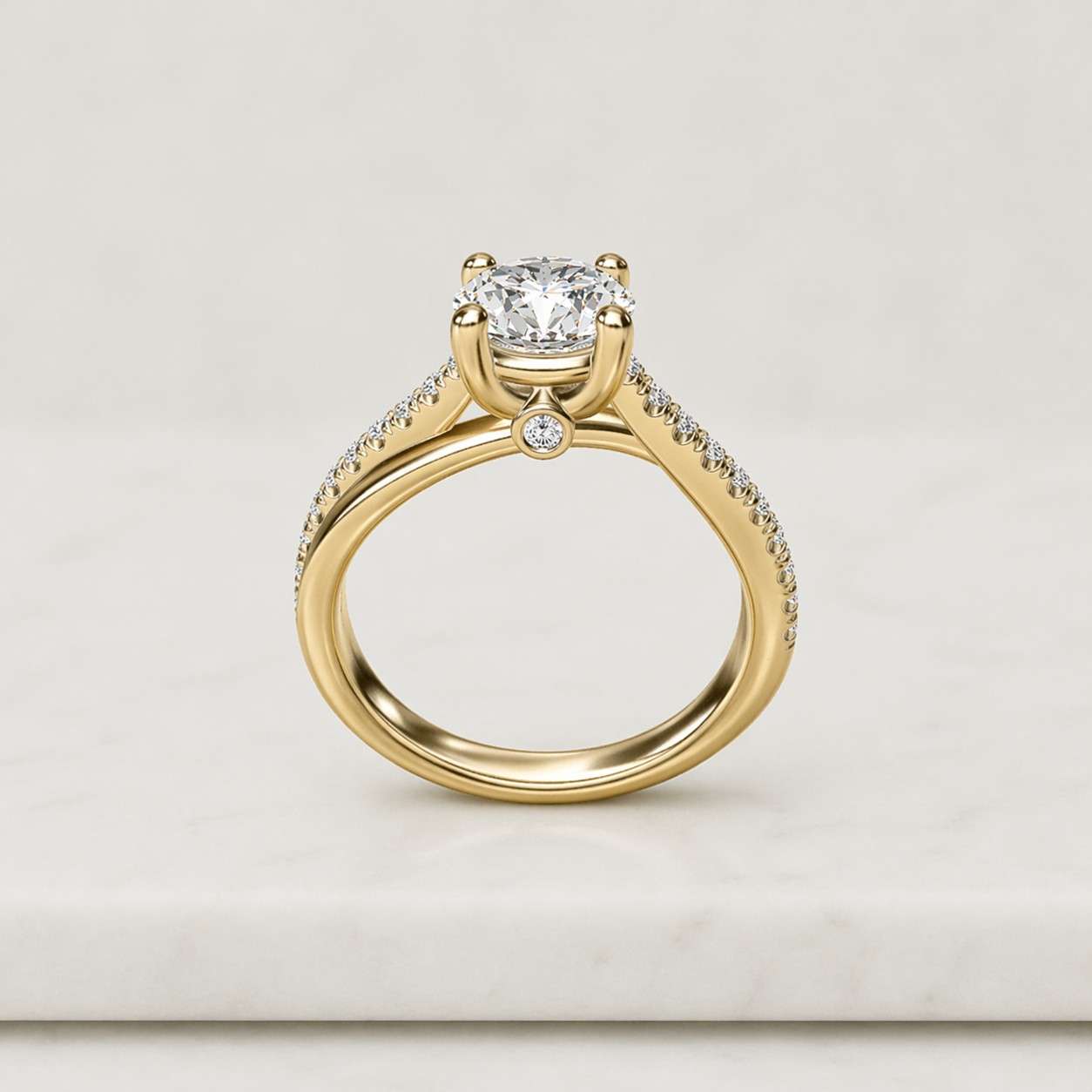 Solid Gold Hidden Halo Round Cut Moissanite Engagement Ring, Bridal Set, Full Eternity Wedding Band