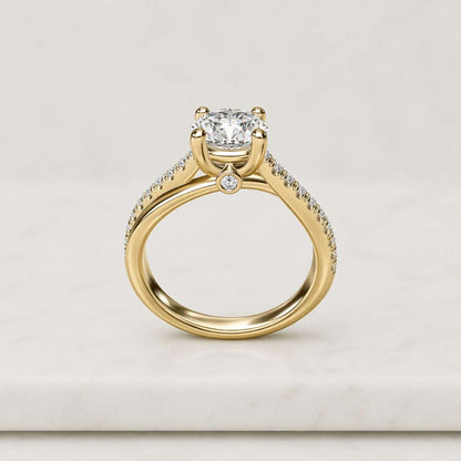 Solid Gold Hidden Halo Round Cut Moissanite Engagement Ring, Bridal Set, Full Eternity Wedding Band
