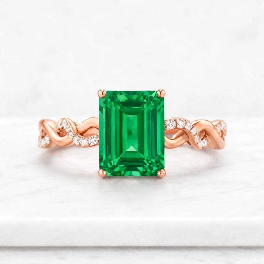 emerald cut emerald ring, infinity link diamond band, milgrain 14k gold ring, vintage may birthstone gift, everyday promise ring
