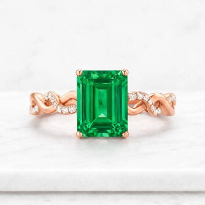 Emerald Cut Emerald Ring, Infinity Link Diamond Band, Milgrain 14K Gold Ring, Vintage May Birthstone Gift, Everyday Promise Ring
