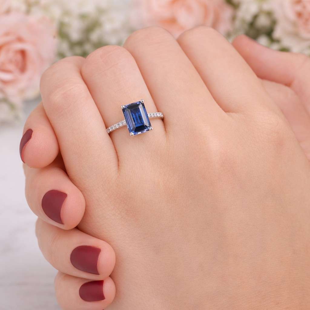 3 ct blue emerald sapphire engagement ring, sapphire hidden halo ring, sapphire wedding ring, september birthstone anniversary gift for her
