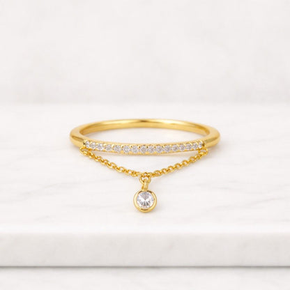 hanging stone ring chain detail ring bar ring pave band ring charm jewelry gold charm ring crystal charm ring delicate jewelry petite ring layering ring stackable ring