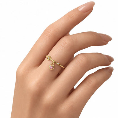 heart charm jewelry pink crystal ring dangling heart ring gold heart ring open cuff ring adjustable jewelry minimalist ring delicate jewelry cute fashion ring romantic jewelry women jewelry