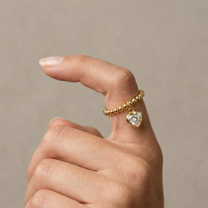 heart pendant ring bead stretch ring gold beaded ring crystal charm ring heart drop ring dangling heart ring beaded jewelry stacking ring set fashion jewelry cute jewelry dainty jewelry minimal jewelry daily ring