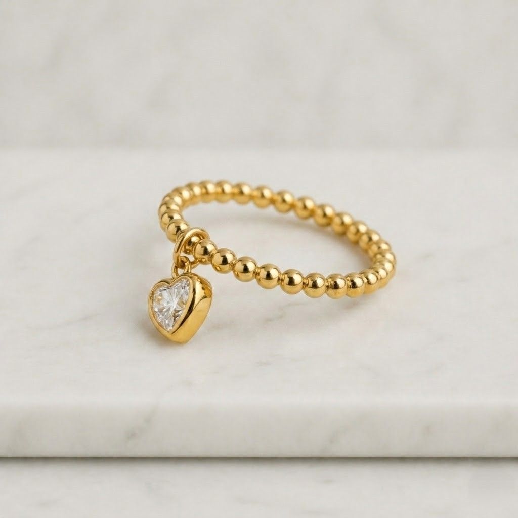 heart ring beaded ring gold ring charm ring dangling charm heart charm crystal heart stackable ring stretch ring beaded band minimalist ring dainty ring womens ring cute ring everyday ring fashion ring
