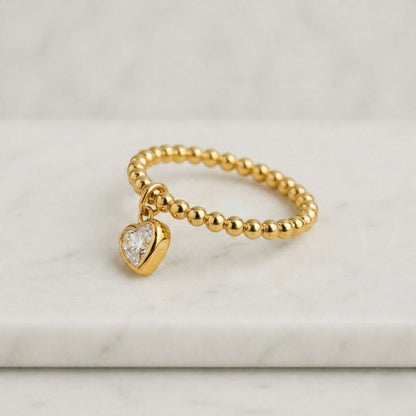 heart ring beaded ring gold ring charm ring dangling charm heart charm crystal heart stackable ring stretch ring beaded band minimalist ring dainty ring womens ring cute ring everyday ring fashion ring