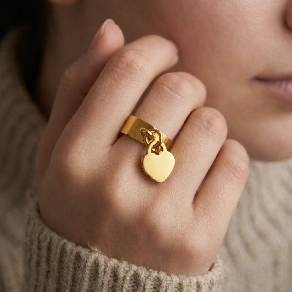 heart ring charm ring gold heart ring heart charm ring wide band ring statement ring chunky ring polished ring smooth ring heart jewelry women ring fashion ring cute ring romantic ring
