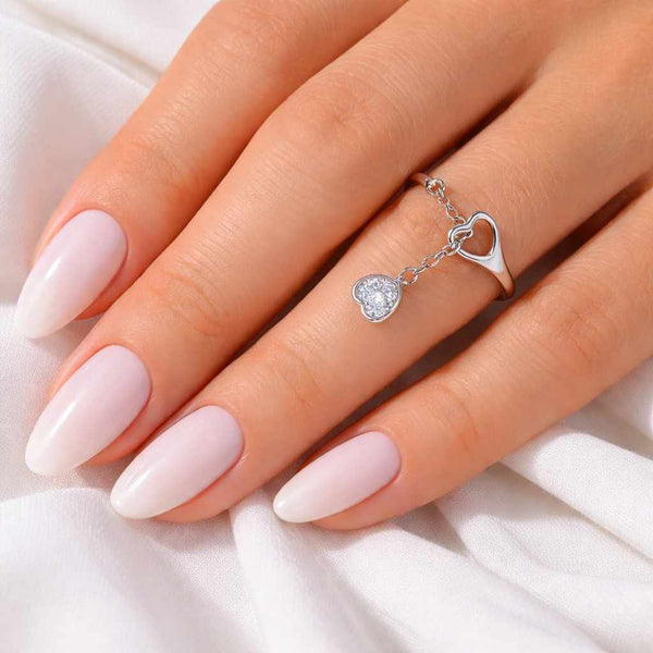 heart ring dangling ring chain ring open heart ring charm ring heart charm ring silver ring women ring dainty ring cute ring adjustable ring finger ring fashion ring