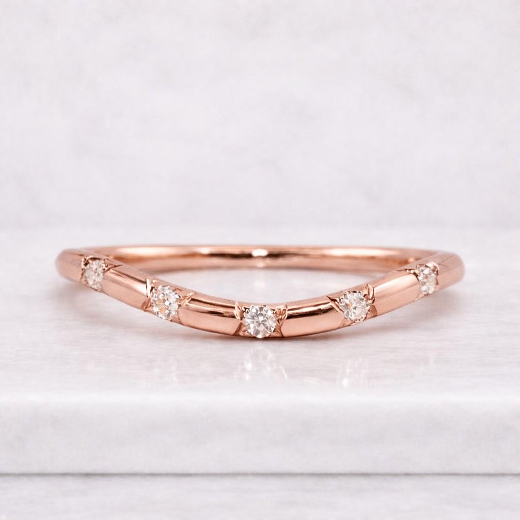 round cut moissanite diamond engagement ring, dainty starburst curved wedding band, flush set sterling matching anniversary promise band
