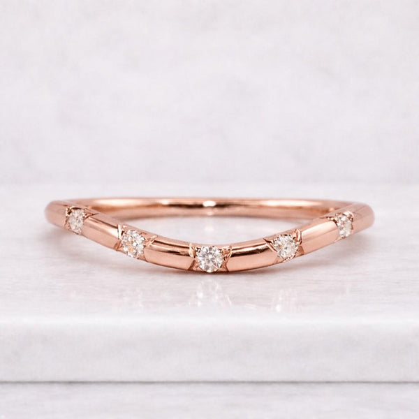Round Cut Moissanite Diamond Engagement Ring, Dainty Starburst Curved Wedding Band, Flush Set Sterling Matching Anniversary Promise Band

