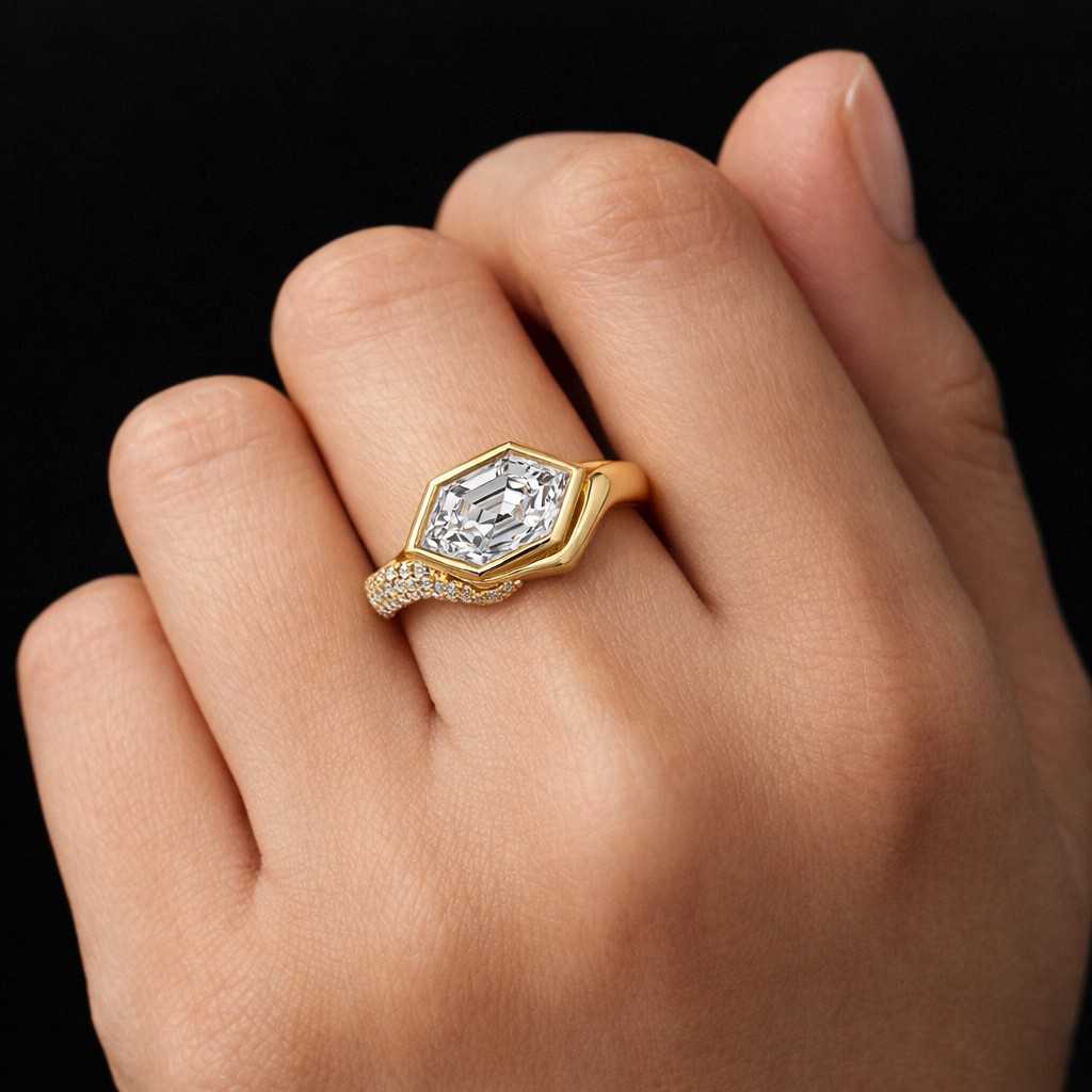 Gold Bezel Ring, Unique Minimalist Engagement Ring, East West Hexagon Ring, Waterproof Hypoallergenic Jewellery
