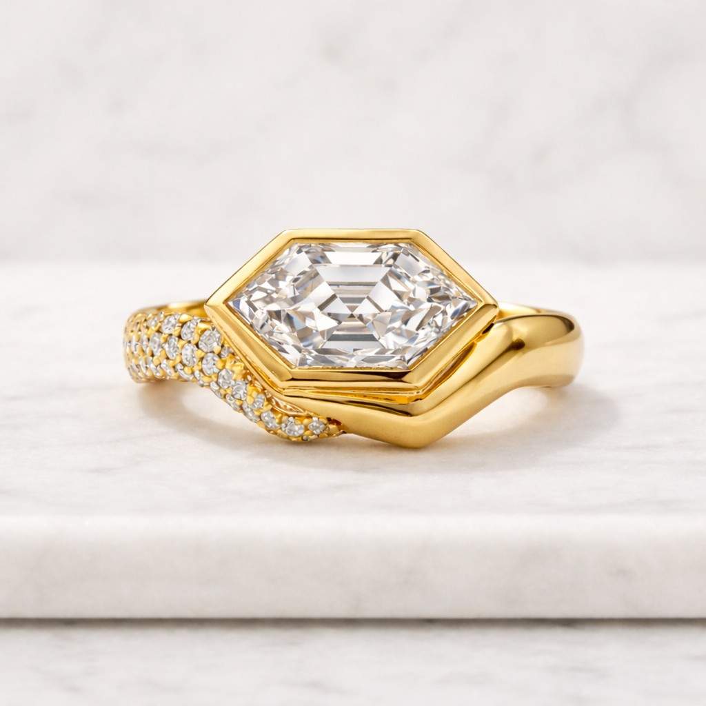 2.0 Carat Hexagon Step Cut Lab Grown Diamond Ring, IGI Certified, Bezel Setting Engagement Ring, Solitaire Ring, Vintage Yellow Gold Ring
