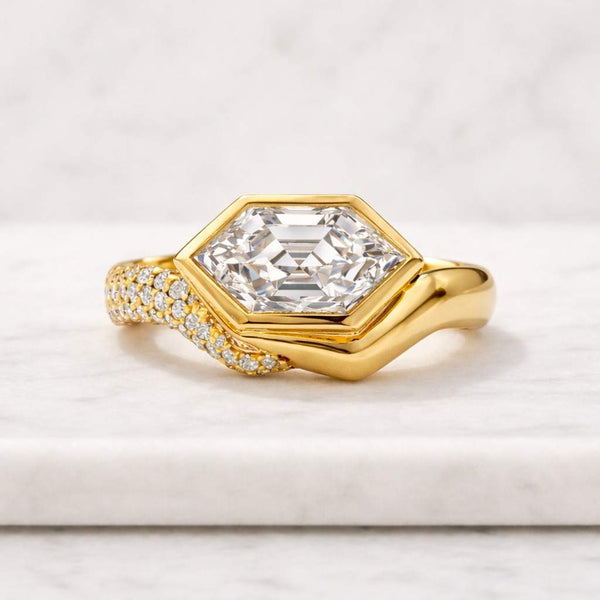 2.0 Carat Hexagon Step Cut Lab Grown Diamond Ring, IGI Certified, Bezel Setting Engagement Ring, Solitaire Ring, Vintage Yellow Gold Ring
