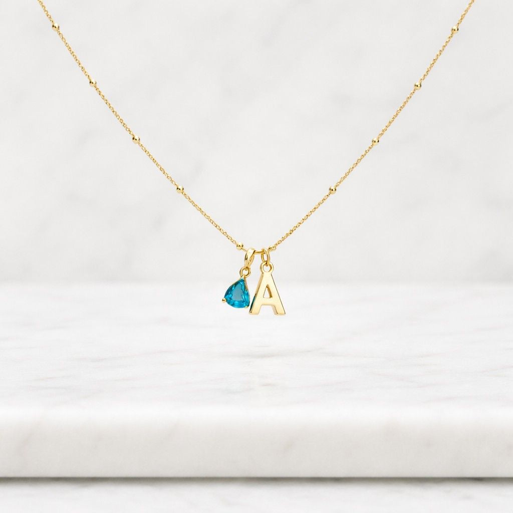 Personalized necklace with bubble letter and birthstone, Personalized birthstone necklace, Gold initial necklace
