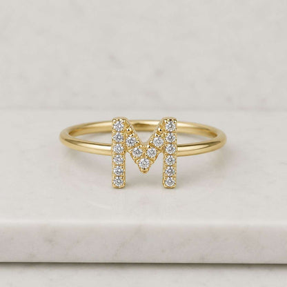 initial ring letter M ring monogram ring alphabet ring gold ring dainty ring thin band ring stackable ring promise ring women ring personalized ring custom initial ring pavé ring