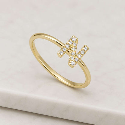 Custom Initial Letter Ring 14K Gold, Lab Grown Diamond Letter Ring, Personalized Name Ring, Yellow Gold Ring Gift for Women