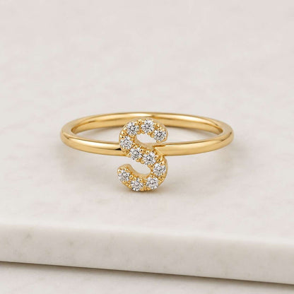 initial ring letter S ring alphabet ring monogram ring gold ring thin band open ring dainty ring minimalist ring stackable ring pave ring crystal ring women ring everyday ring