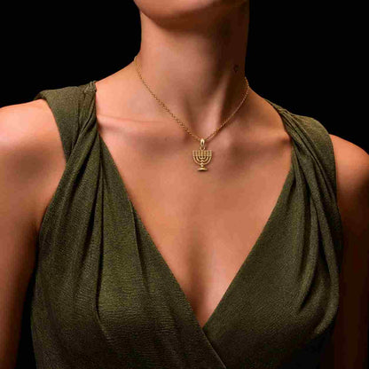 14K Gold Jerusalem Menorah Pendant Necklace