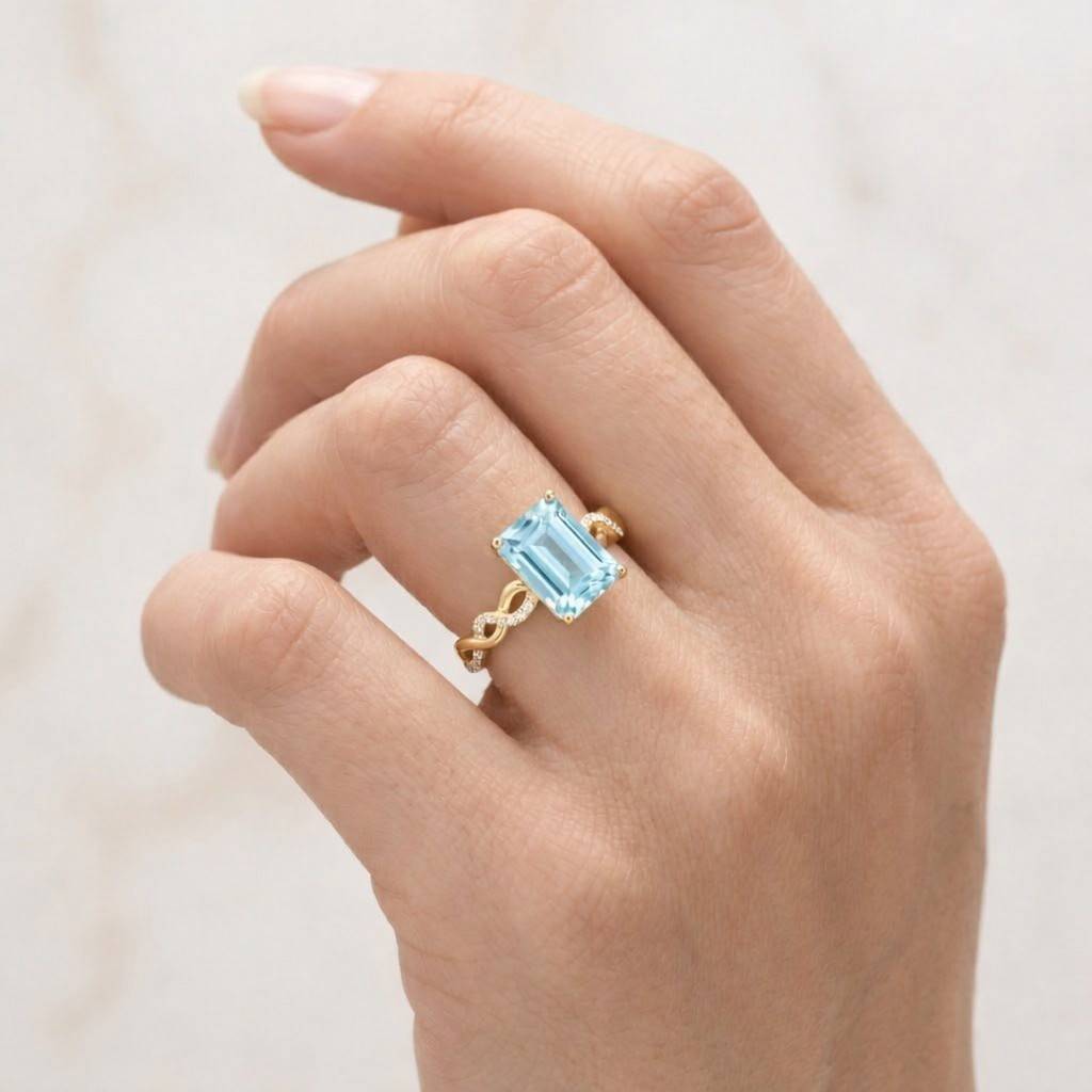 platinum engagement ring emerald cut natural aquamarine ring handmade nature inspired twist band promise leaf ring elegant gifts for her
