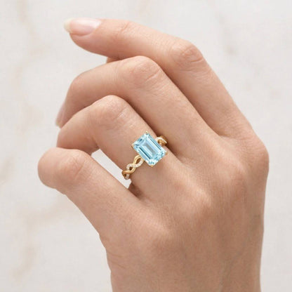 Platinum engagement ring emerald cut Natural Aquamarine ring handmade nature inspired twist band promise leaf ring elegant gifts for her
