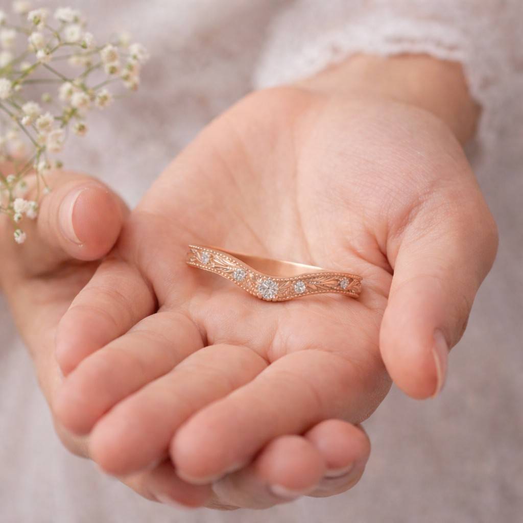 Art Deco Edges Milgrain Wedding Band, Round Cut Lab Grown Diamond Ring, Antique Curved Shaped Eternity Band, 14K Gold Minimalist Bridal Band