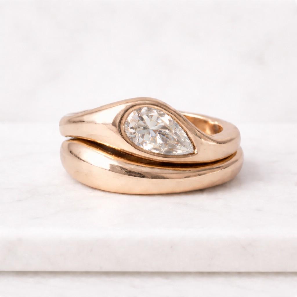 tear drop ring set, 9x6 mm pear cut simulated diamond set in flush set east to west setting, domed ring & band curved to fit together