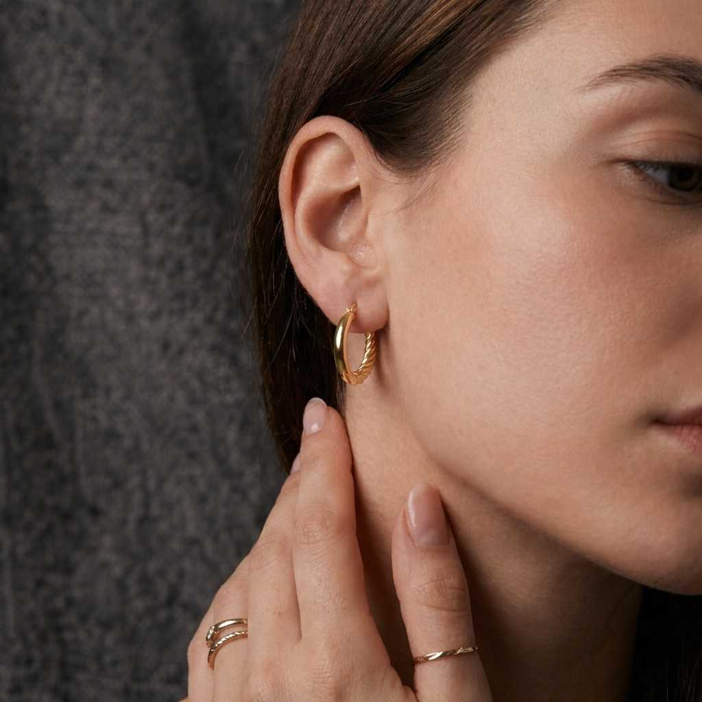 14k Solid Gold Chunky Hoop Earrings – Textured Ribbed Hoop Earrings for Women
