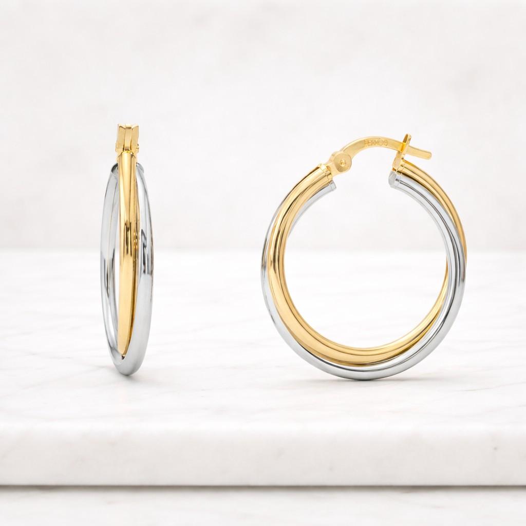two tone gold hoops, 14k yellow & white gold 20mm hoop earrings, modern mixed metal earrings, classic everyday jewelry
