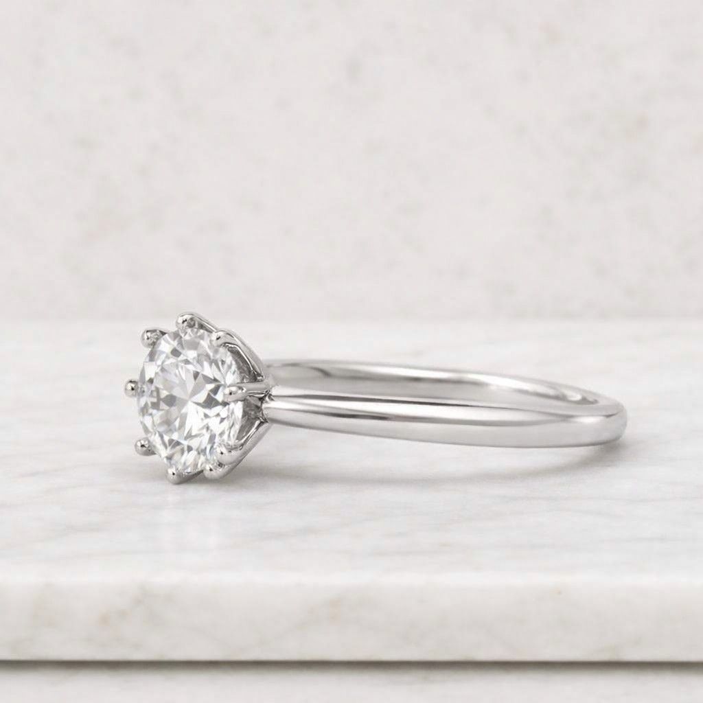 certified lab grown diamond solitaire wedding ring, curved band nested round brilliant diamond engagement ring, 8 prong white gold ring gift